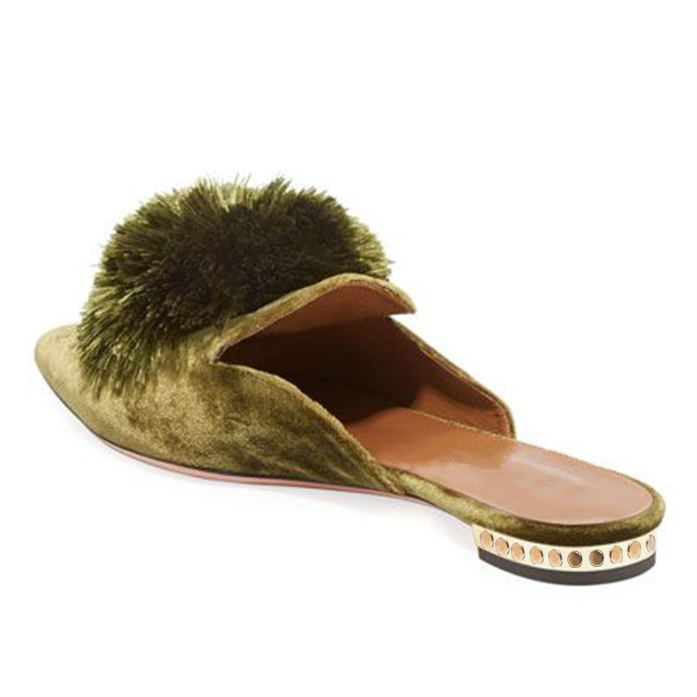 Dark Green Pointed Toe Mules With Furry Women Flats