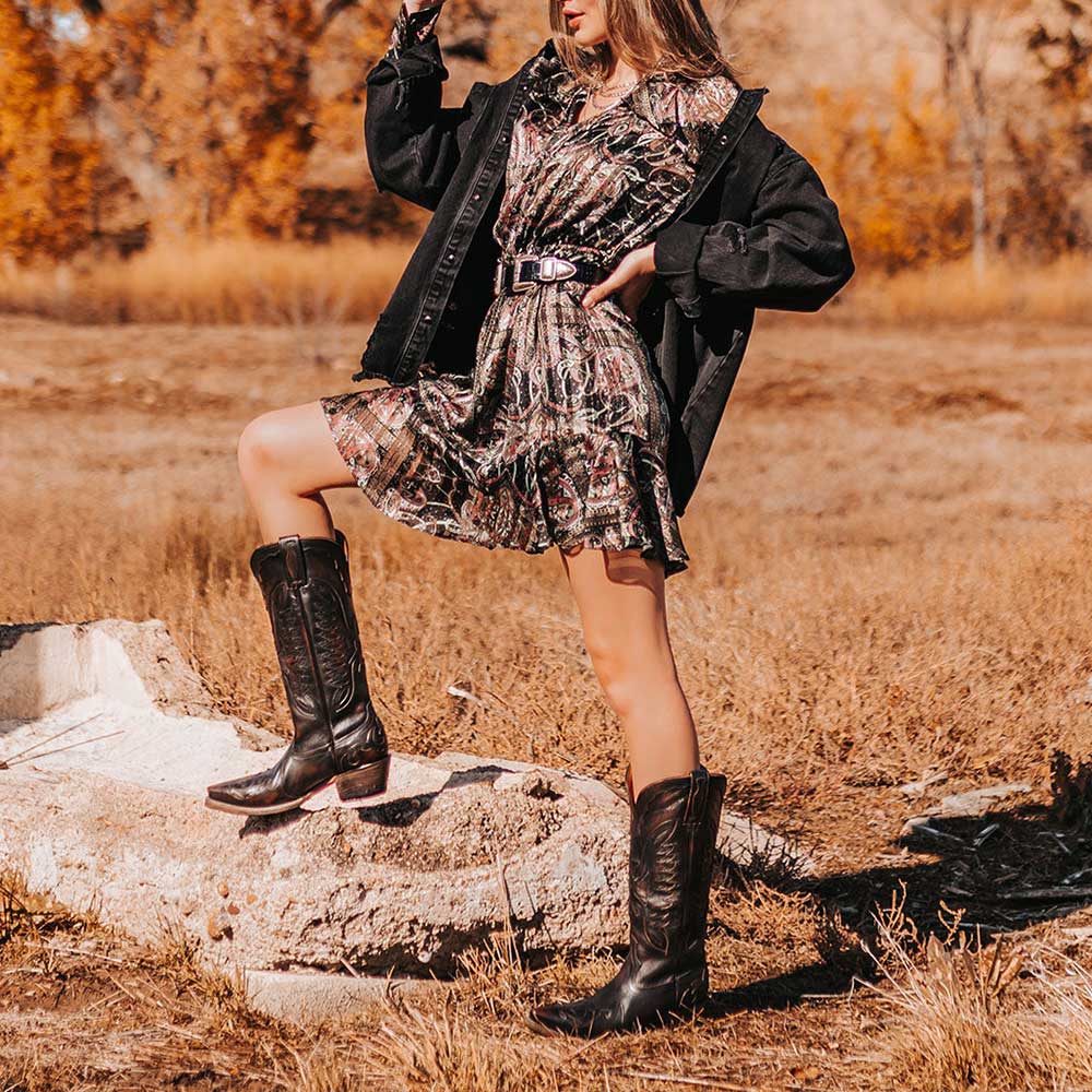 Black Snip Toe Chunky Heel Embroidered Knee High boots for Women