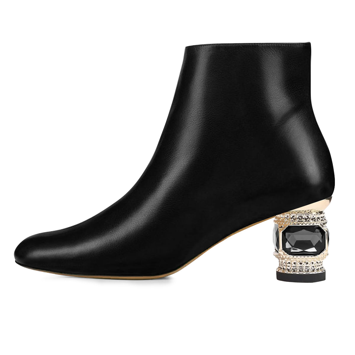 Black Pointed Toe Decorative Heel Side-Zip Shiny Elegant Ankle Boots