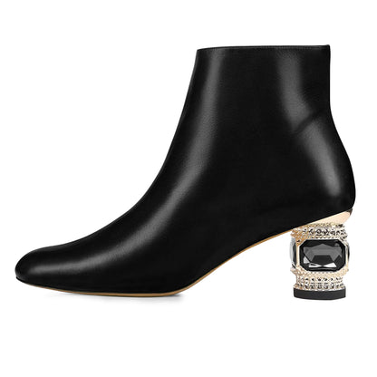 Black Pointed Toe Decorative Heel Side-Zip Shiny Elegant Ankle Boots