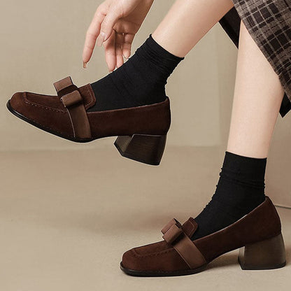 Brown Faux Suede Square Toe Chunky Heel Loafers with Bow