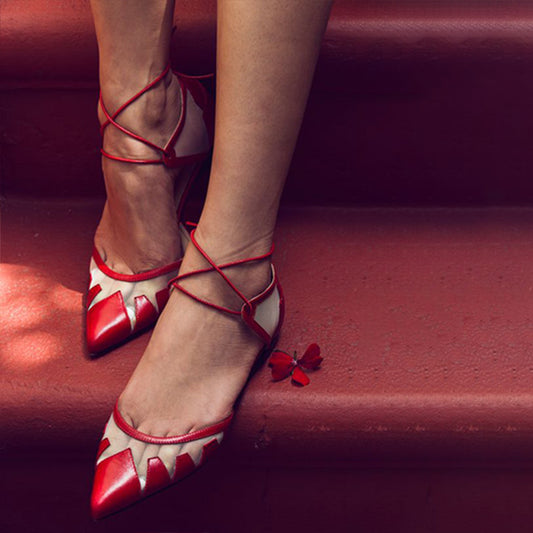 Red Pointed Toe Women's Shoes Stylish Patchwork Ankle Strap Flats