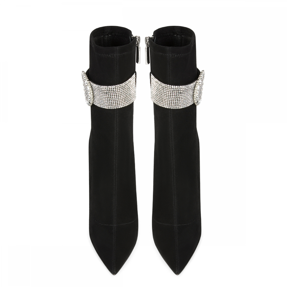 Women's Black Vegan Suede Stiletto Heel Rhinestone Buckle Ankle Boots
