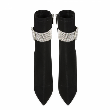 Women's Black Vegan Suede Stiletto Heel Rhinestone Buckle Ankle Boots