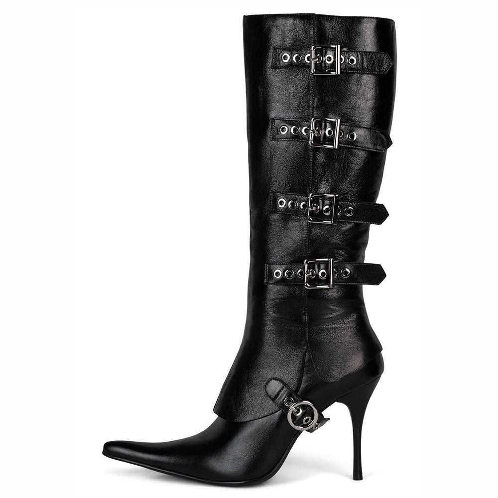Pointy Toe Buckled Straps Stiletto Heel Knee High Boots in Black