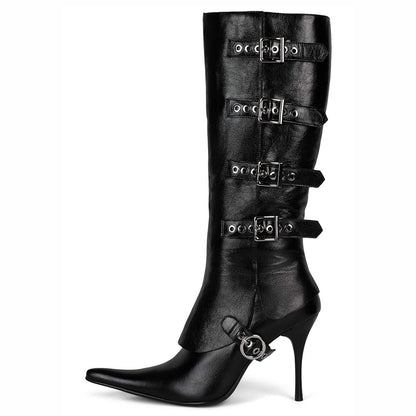 Pointy Toe Buckled Straps Stiletto Heel Knee High Boots in Black