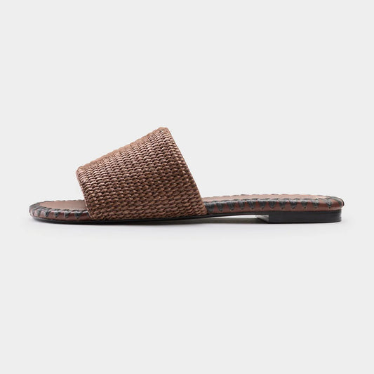 Comfort Brown Woven Open Round Toe Flat Slide Shoes for Women
