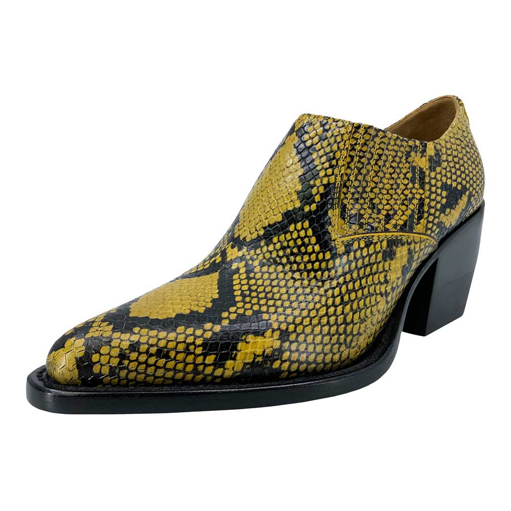 Yellow & Black Snake Embossed Almond Toe Chunky Heeled Ankle Boots