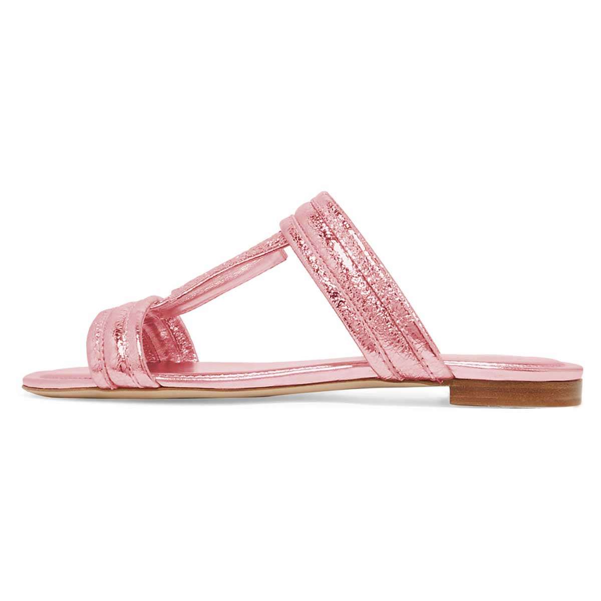 Pink T Strap Flat Beach Sandals