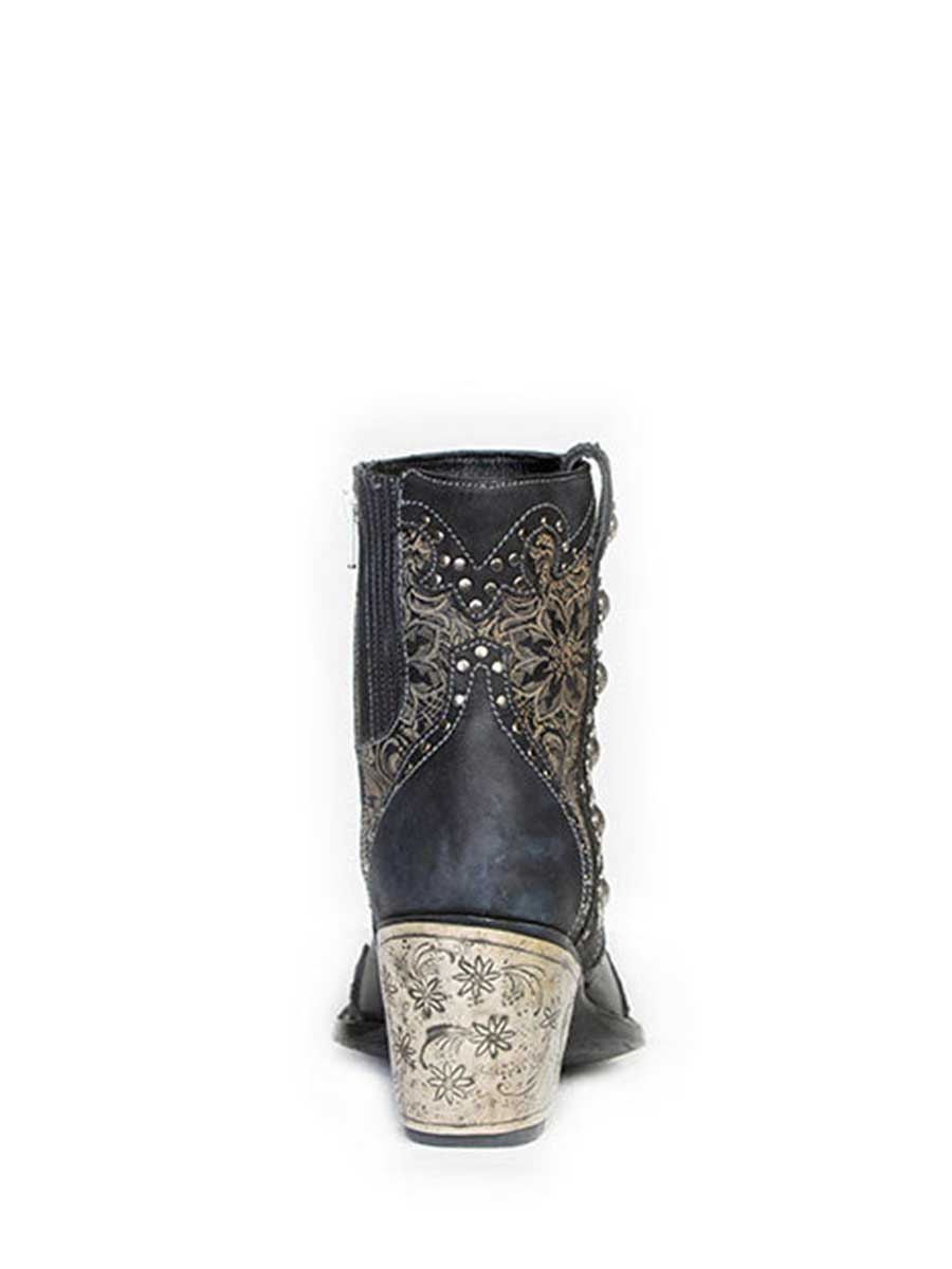 Black Vegan Leather Snip Toe Floral Printed Studded Block Heeled Cowgirl Ankle Boots