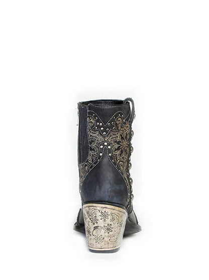 Black Vegan Leather Snip Toe Floral Printed Studded Block Heeled Cowgirl Ankle Boots
