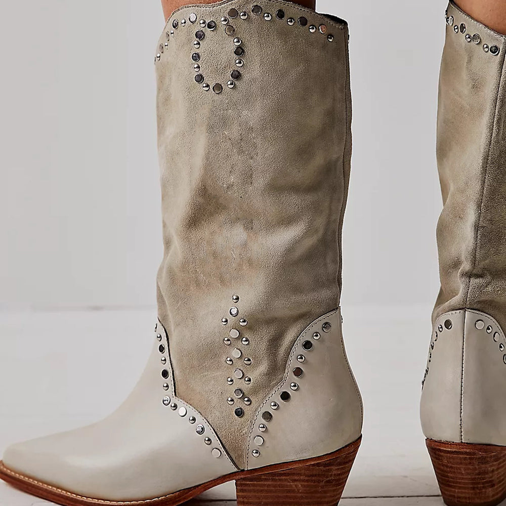 Light Taupe Vegan Suede Pointed Toe Western Mid Calf Boots with Studs