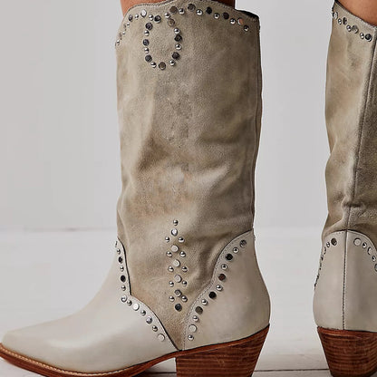 Light Taupe Vegan Suede Pointed Toe Western Mid Calf Boots with Studs