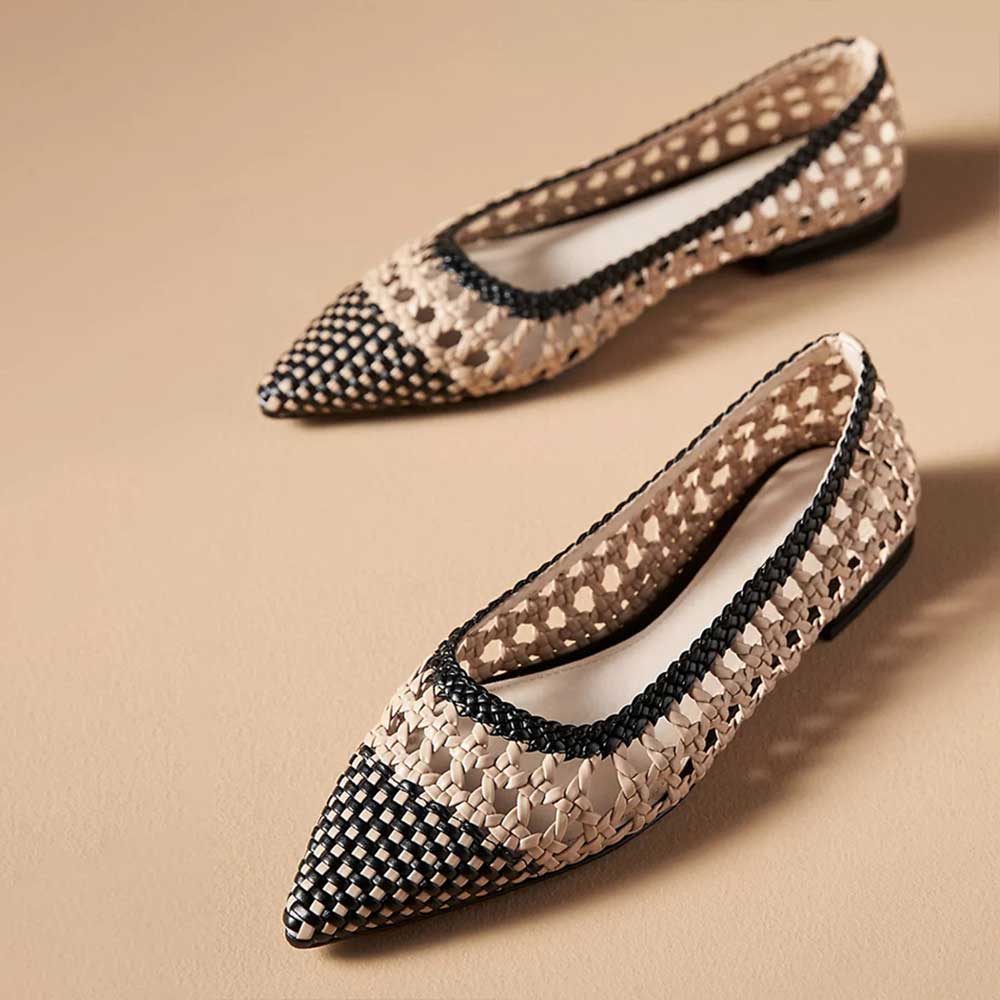 Stylish Nude & Black Pointed Toe Hollow Out Detailed Woven Flats