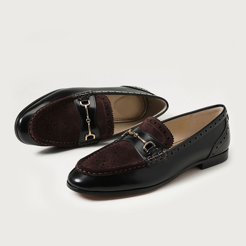 Black and Dark Brown Closed-Toe Perforated Flat Horsebit Loafers