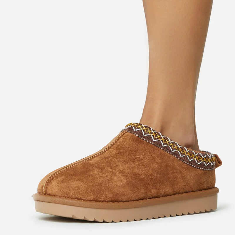 Brown Vegan Suede Round-Toe Faux Fur Lining Winter Flats Furry Shoes