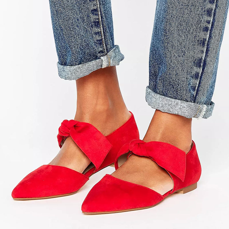 Red Vegan Suede Pointed Toe Lace Up Casual Flats