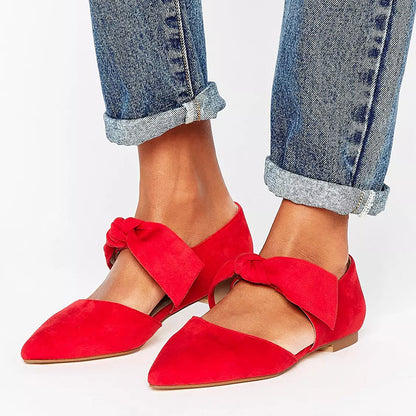 Red Vegan Suede Pointed Toe Lace Up Casual Flats