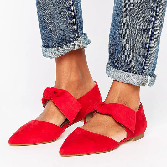 Red Vegan Suede Pointed Toe Lace Up Casual Flats