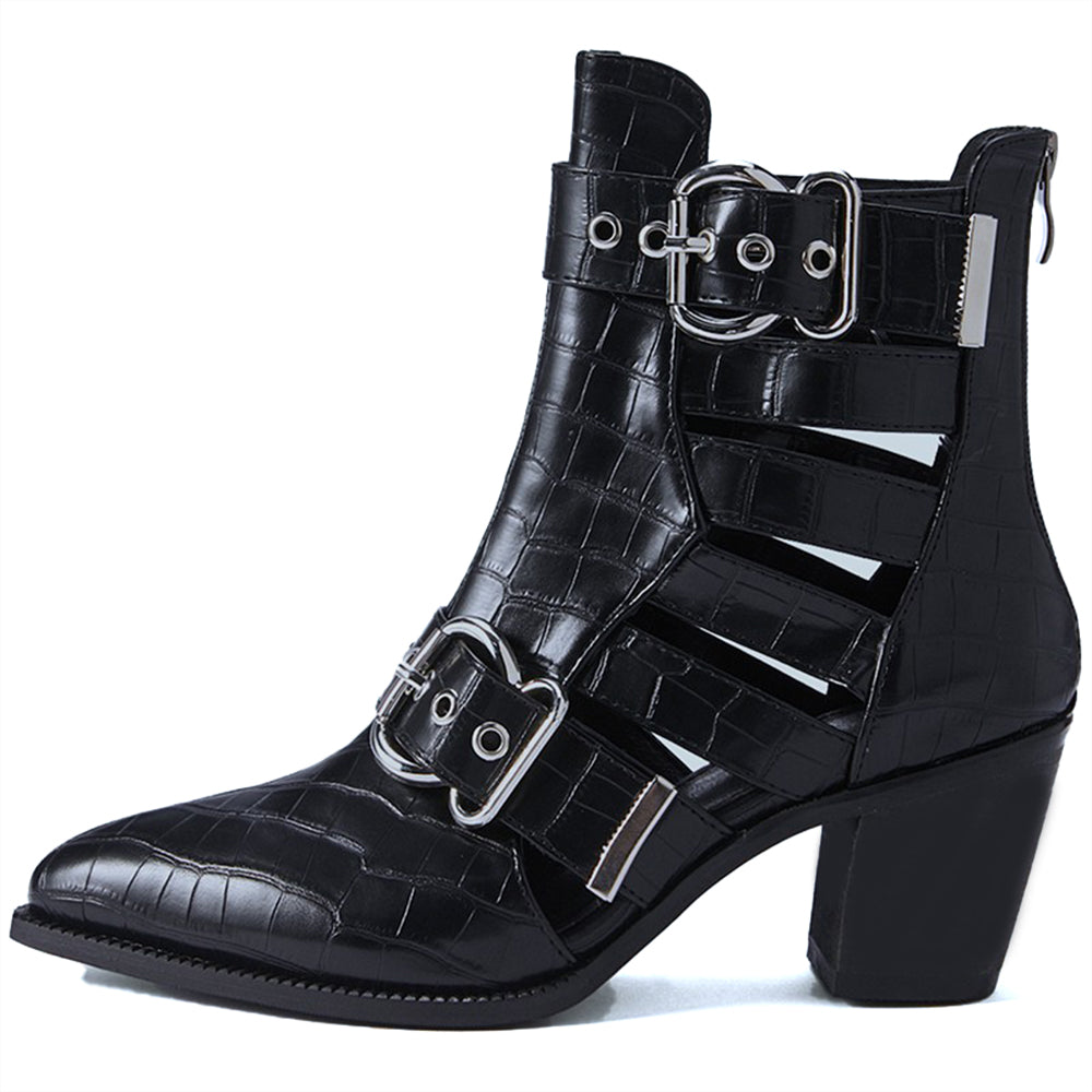 Black Croco Embossed Grommet Strap Chunky Heel Ankle Boots with Zip