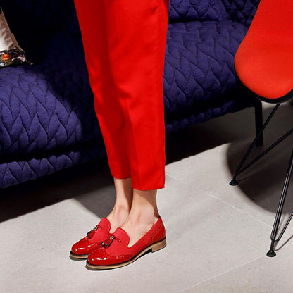 Chic Red Patent Leather Perforated Design Women's Loafers with Tassel