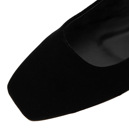 Velvet Square Toe Mary Jane Flats with Buckle Strap in Black