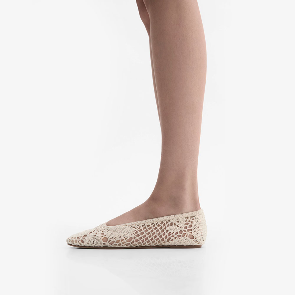 Women's Casual Ivory Crochet Square Toe Cut Out Ballet Flats