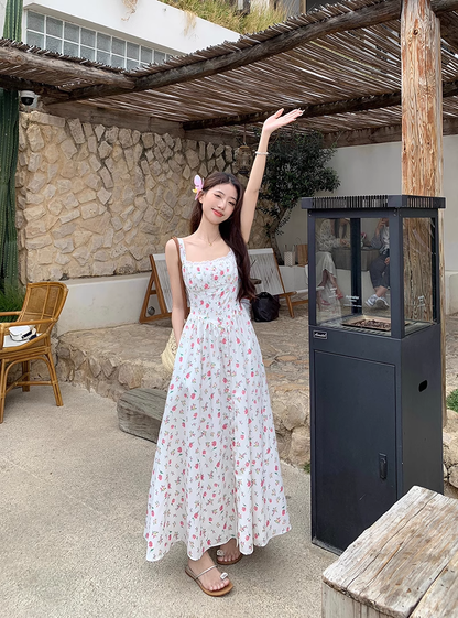 Retro Fashion Floral Design Beach Holiday A-line Spaghetti Strap Dress TP3376
