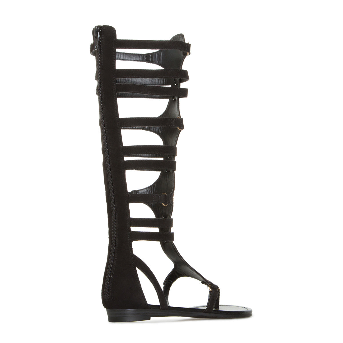 Black Open Toe Flats Strappy Rhinestone Knee-High Gladiator Sandals