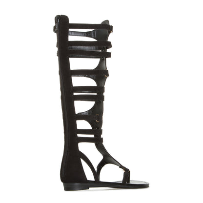 Black Open Toe Flats Strappy Rhinestone Knee-High Gladiator Sandals