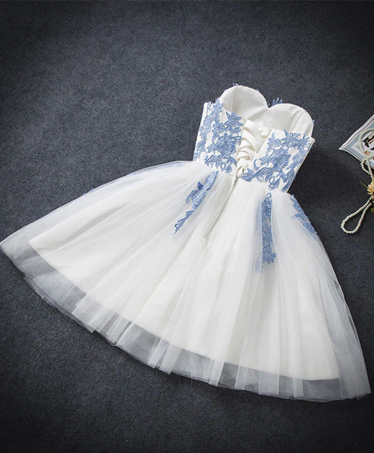 Vintage Blue Sweetheart Embroidery Design A-line Tulle Party Dress Homecoming Dress TP4066