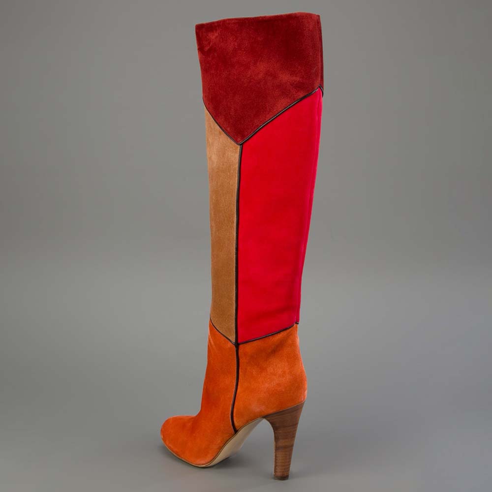 Color Block Vegan Suede Chunky Heel Knee High Boots for Women