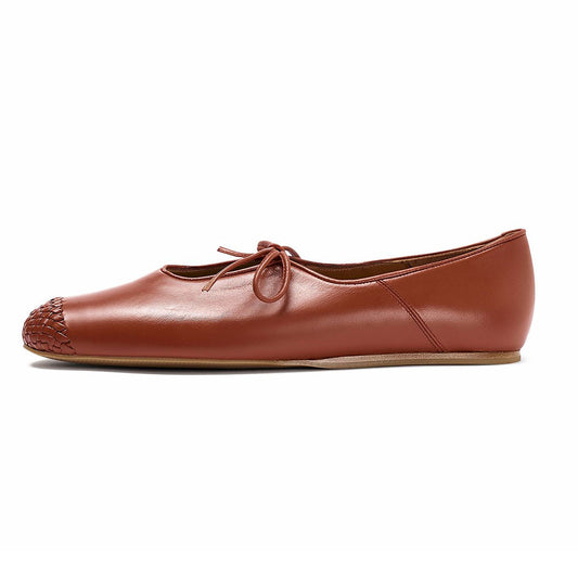 Comfortable Brown Woven Detail Round Toe Tie-Up Ballet Flats