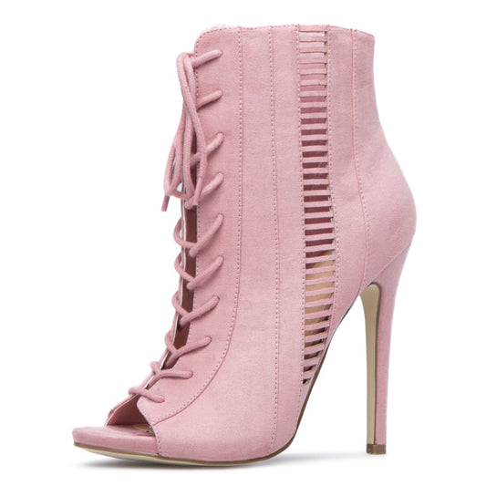 Women's Vegan Suede Peep Toe Cut Out Heeled Lace Up Pink Boots