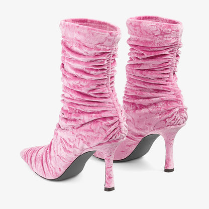 Pink Velvet Pointed Toe Pleated Spool Heel Classic Stretch Boots