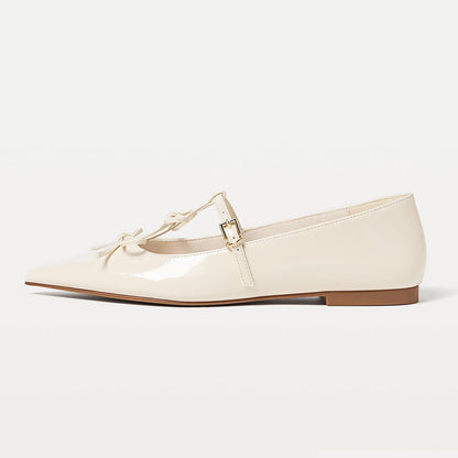 FSJ Ivory Bow Decor Buckle Strap Elegant Pointed Toe Flats