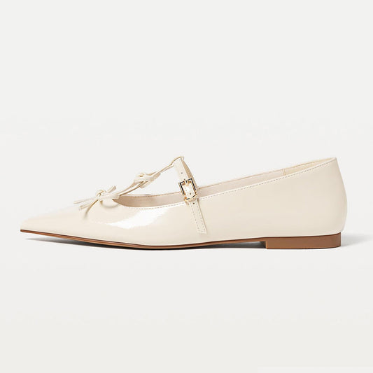 FSJ Ivory Bow Decor Buckle Strap Elegant Pointed Toe Flats