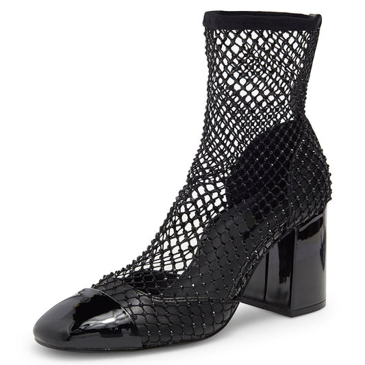 Black Crystal Embellished Fishnet Mesh Block Heel D'orsay Ankle Boots