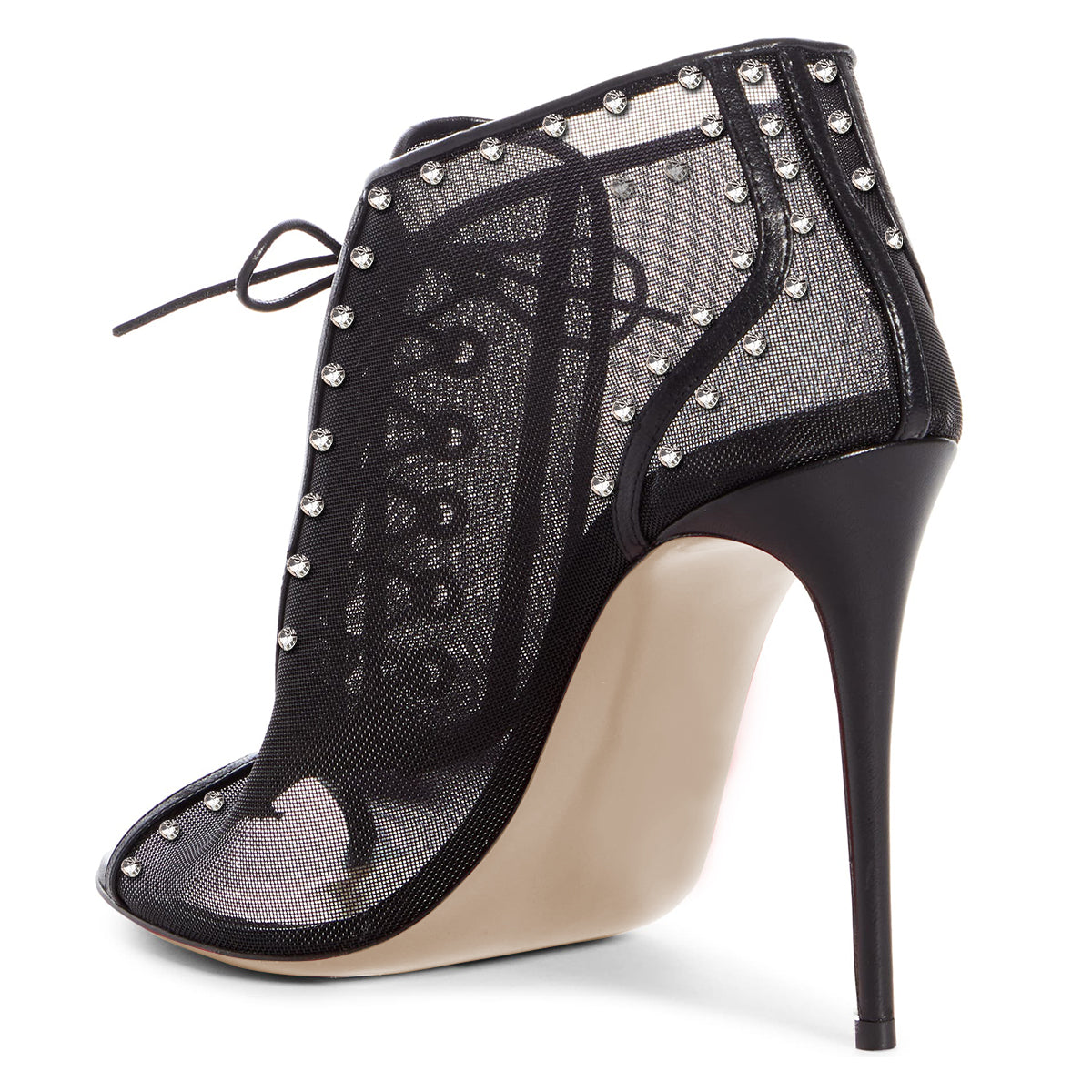 Black Lace Up Nets Peep Toe Stiletto Heel Ankle Boots