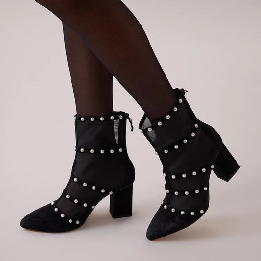 Black Suede Closed Pointed Toe Pearls Decorated Winter Ankle Boots With Chunky Heels