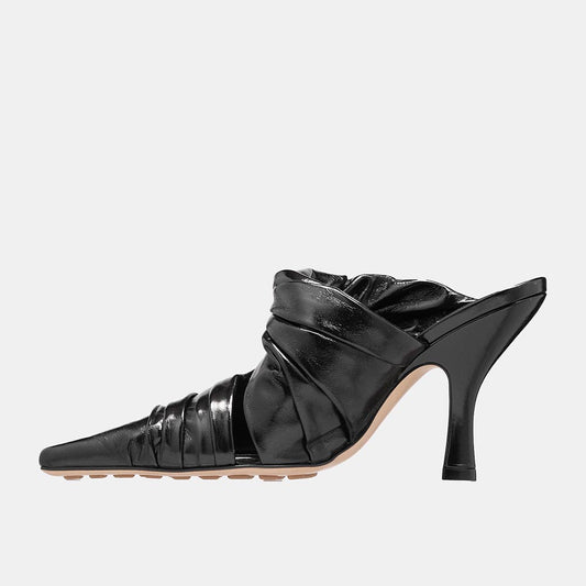 Stylish Pointed Toe Soft Pleated Shoes High Heel Mules in Black