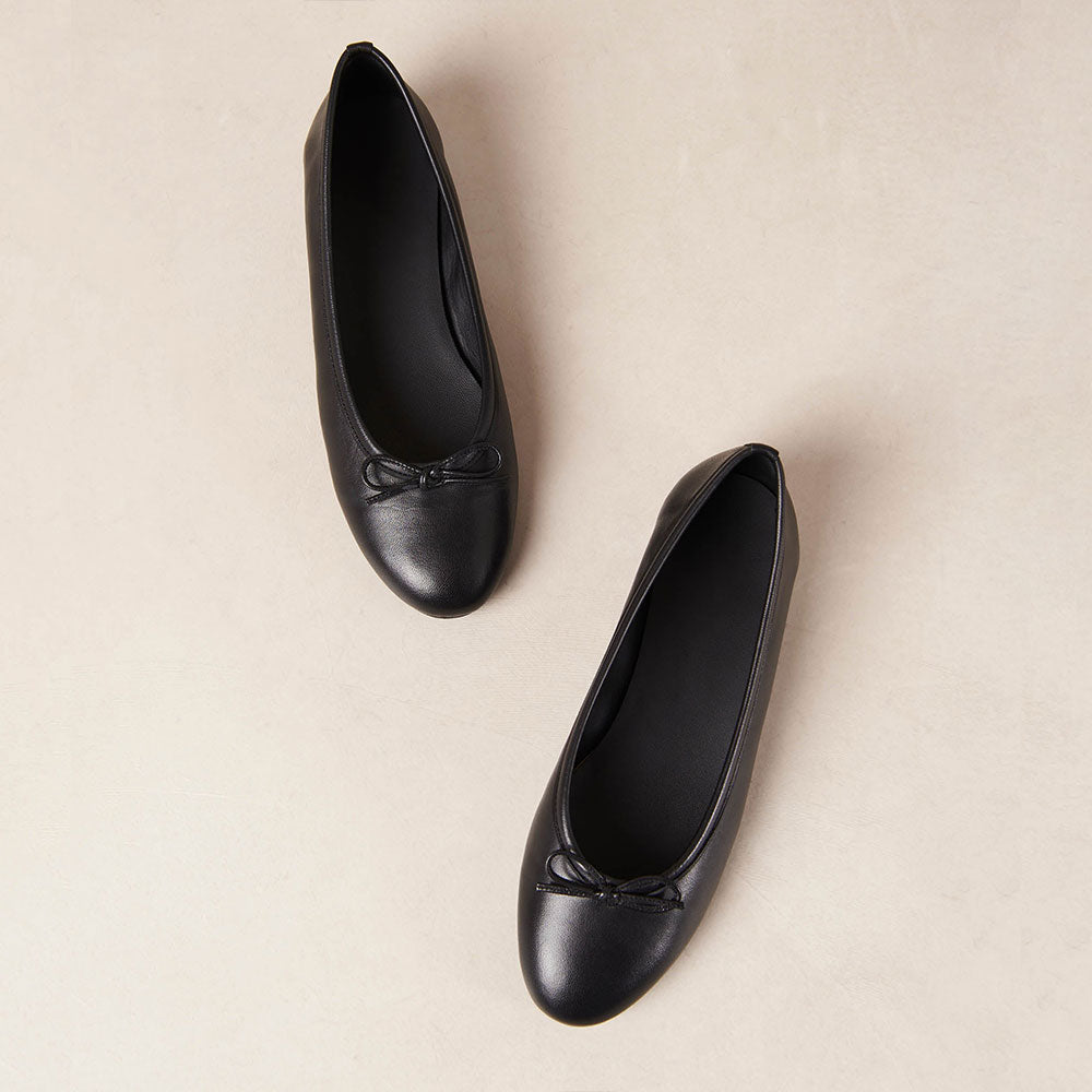 Black Vegan Leather Round Toe Slip-On Ballet Flats with Bow