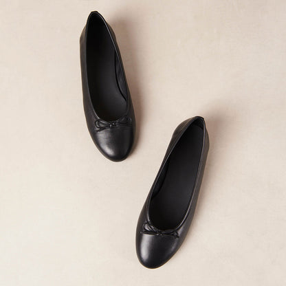 Black Vegan Leather Round Toe Slip-On Ballet Flats with Bow