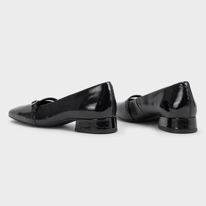 Black Vegan Leather Square Toe Buckle Strap Mary Jane Flats