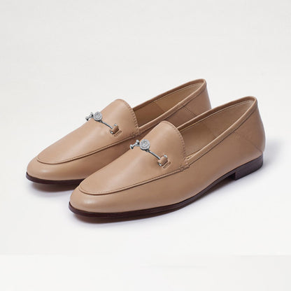 Nude Vegan Leather Flat Loafers with Rhinestone Decor