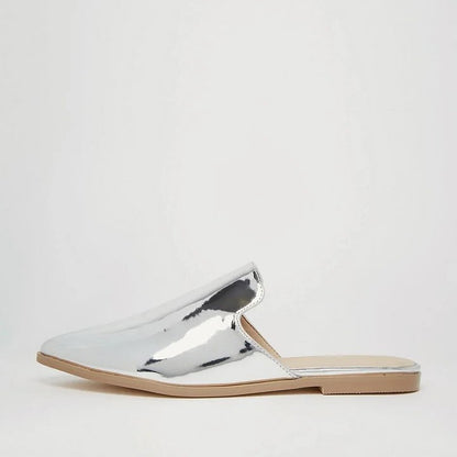 Stylish Metallic Silver Loafer Mules Pointed Toe Flats for Women