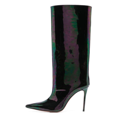 Black & Green Iridescent Patent Finish Stiletto Heel Knee High Boots
