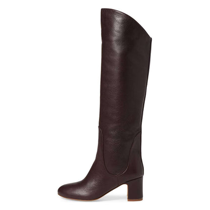 Women's Dark Brown Round Toe Block Heel Knee High Boots