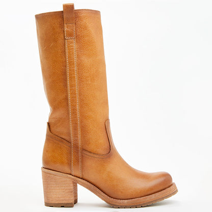 FSJ Classic Tan Round Toe Pull-On Stacked Heel Mid Calf Boots