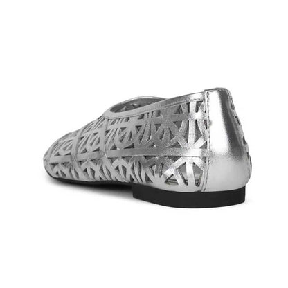 Women's Fashion Round Toe Laser Cut Flats Metallic Shoes in Silver